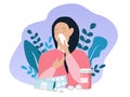 Vector flat illustration on the theme of seasonal allergies, a young girl blows her nose into a paper handkerchief,